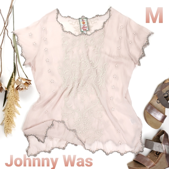 Johnny Was Tops - Johnny Was Pink Boho Eyelet Embroidered Top M